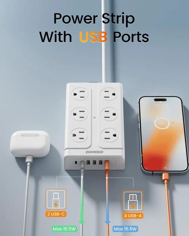 Alt view image 3 of 7 - Surge Protector Power Strip - 12 Outlets(1850W/15A/14AWG) 6 USB Ports2 USB C, 6FT Flat Plug Extension Cord, Wall Mount Multi Plug Outlet Extender, ETL Listed for Home, Dorm Room