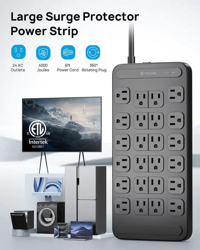 Alt view image 6 of 7 - Large Surge Protector Power Strip with Multiple Outlets, 24 AC, 6ft