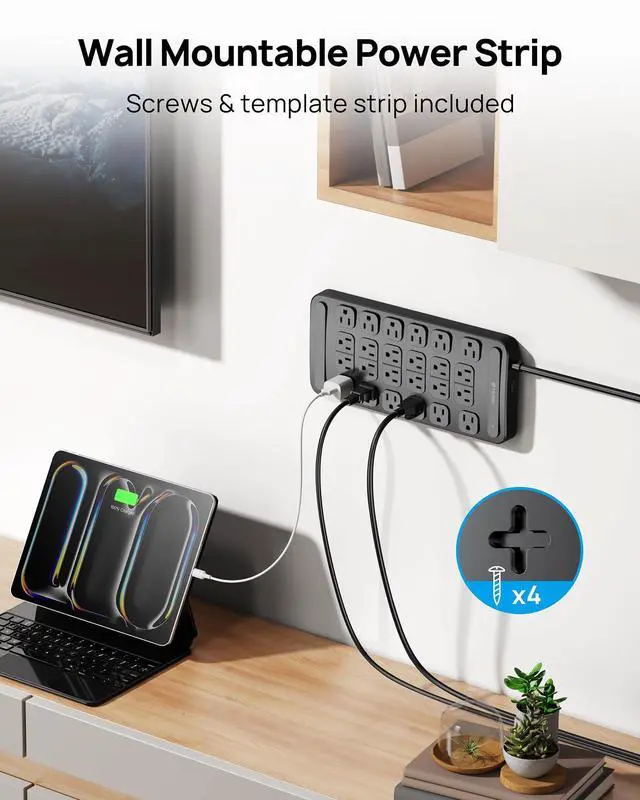 Alt view image 7 of 7 - Large Surge Protector Power Strip with Multiple Outlets, 24 AC, 6ft