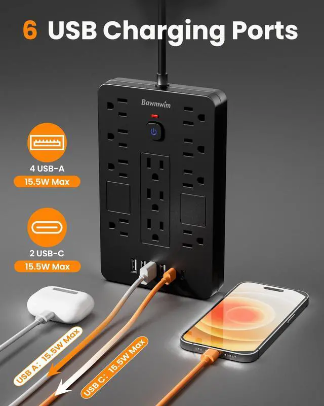 Alt view image 5 of 7 - Surge Protector Power Strip - 11 Outlets(1850W/15A/14AWG) with 6 USB Ports(2 USB C), 6FT Flat Plug Extension Cord, Wall Mount, Black, ETL Listed for Home, Dorm Room