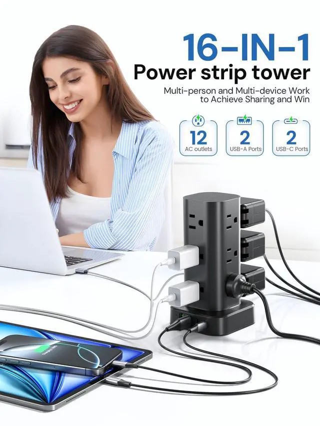 Alt view image 2 of 7 - Tower Power Strip with Surge Protector - 12 AC Outlets & 4 USB Ports (2 USB-C), 6FT Extension Cord, Charging Station Tower for Home Office Dorm Travel (Black)