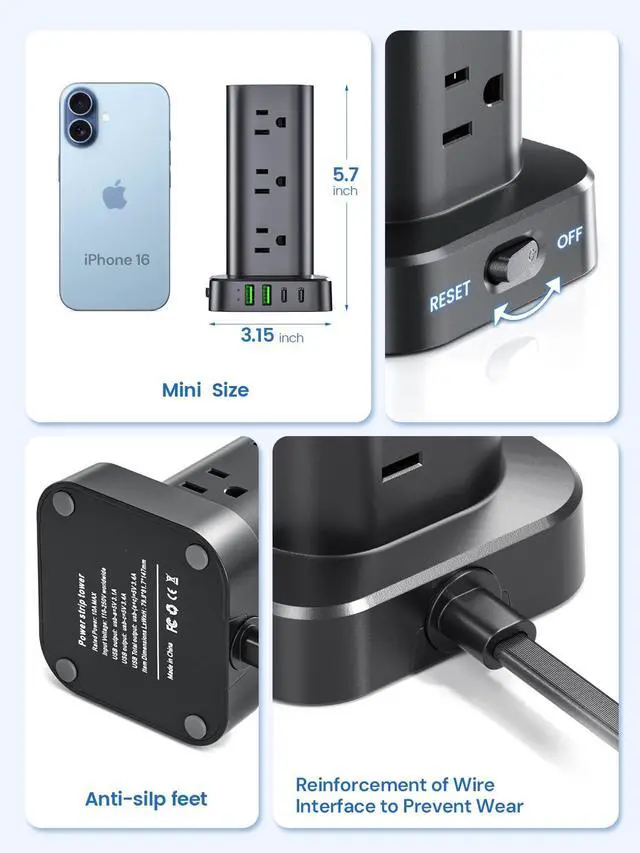 Alt view image 5 of 7 - Tower Power Strip with Surge Protector - 12 AC Outlets & 4 USB Ports (2 USB-C), 6FT Extension Cord, Charging Station Tower for Home Office Dorm Travel (Black)