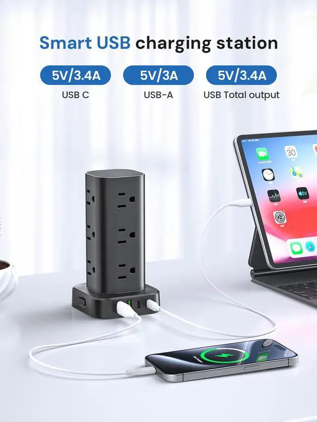 Alt view image 6 of 7 - Tower Power Strip with Surge Protector - 12 AC Outlets & 4 USB Ports (2 USB-C), 6FT Extension Cord, Charging Station Tower for Home Office Dorm Travel (Black)
