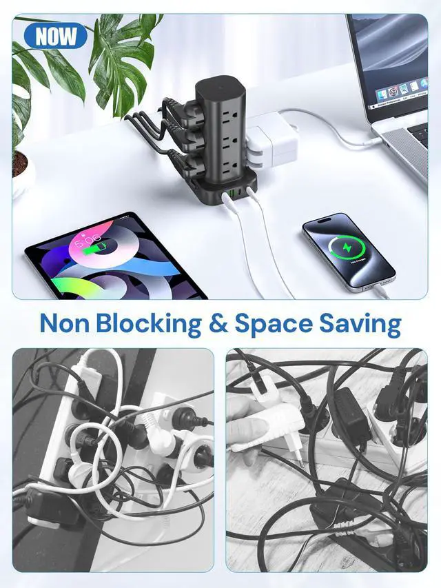 Alt view image 7 of 7 - Tower Power Strip with Surge Protector - 12 AC Outlets & 4 USB Ports (2 USB-C), 6FT Extension Cord, Charging Station Tower for Home Office Dorm Travel (Black)