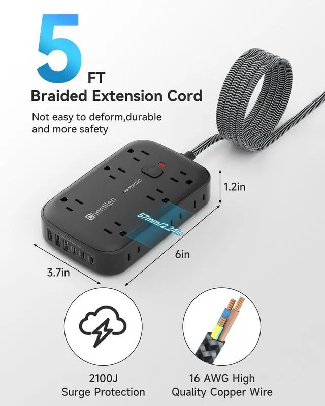 Alt view image 5 of 7 - Power Strip with USB Ports, 2100J Surge Protector Outlet Extender, 5 Ft Extension Cord with 12 Outlets, 6 USB Charger(3 USB C Port), Indoor Desk Charging Station for Home and Office Accessories, Black