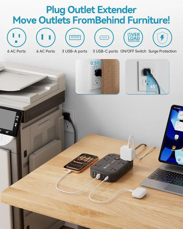 Alt view image 3 of 7 - Power Strip with USB Ports, 2100J Surge Protector Outlet Extender, 5 Ft Extension Cord with 12 Outlets, 6 USB Charger(3 USB C Port), Indoor Desk Charging Station for Home and Office Accessories, Black