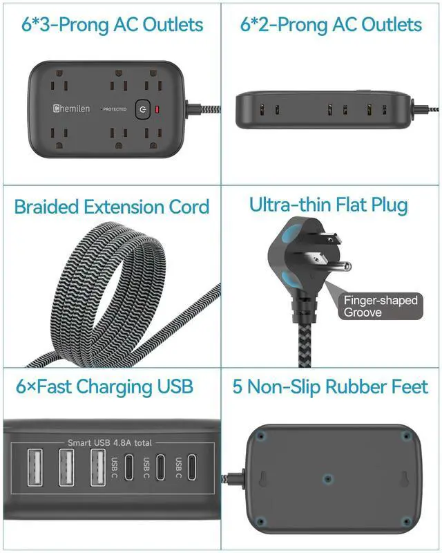 Alt view image 6 of 7 - Power Strip with USB Ports, 2100J Surge Protector Outlet Extender, 5 Ft Extension Cord with 12 Outlets, 6 USB Charger(3 USB C Port), Indoor Desk Charging Station for Home and Office Accessories, Black