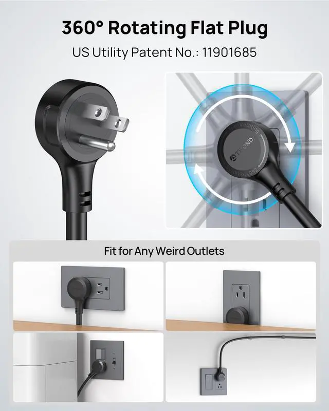 Alt view image 2 of 7 - Surge Protector Power Strip with 360° Rotating Flat Plug, 4000J, ETL Listed, 10 Widely Spaced Outlets, 2 USB A and 2 USB C, 5ft Extension Cord, Wall Mountable, for Home Office Garage, Black