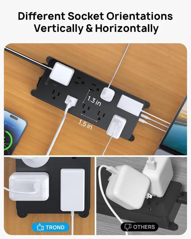 Alt view image 4 of 7 - Surge Protector Power Strip with 360° Rotating Flat Plug, 4000J, ETL Listed, 10 Widely Spaced Outlets, 2 USB A and 2 USB C, 5ft Extension Cord, Wall Mountable, for Home Office Garage, Black