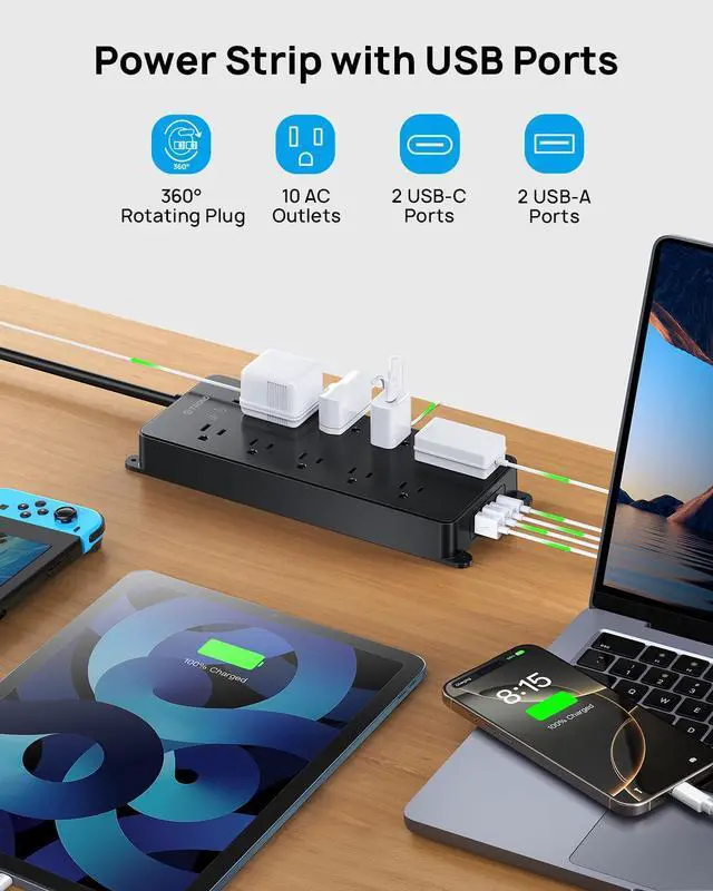 Alt view image 7 of 7 - Surge Protector Power Strip with 360° Rotating Flat Plug, 4000J, ETL Listed, 10 Widely Spaced Outlets, 2 USB A and 2 USB C, 5ft Extension Cord, Wall Mountable, for Home Office Garage, Black