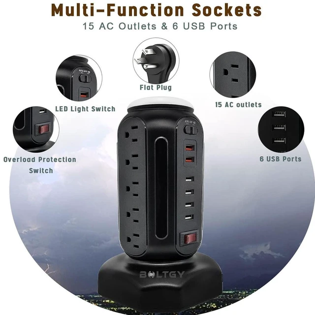 Alt view image 2 of 7 - Flat Plug Total Fast Charging Station, Protector with 15 AC Outlets and 6 USB Ports (2 Fast Charge), Tower Surge Protector Power Strip, 6.5FT Extension Cord for Home Office Dorm Room.