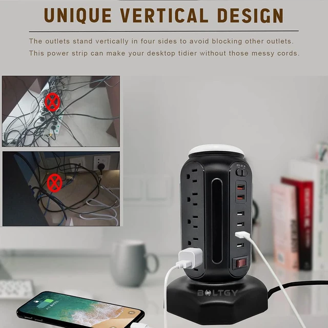 Alt view image 4 of 7 - Flat Plug Total Fast Charging Station, Protector with 15 AC Outlets and 6 USB Ports (2 Fast Charge), Tower Surge Protector Power Strip, 6.5FT Extension Cord for Home Office Dorm Room.