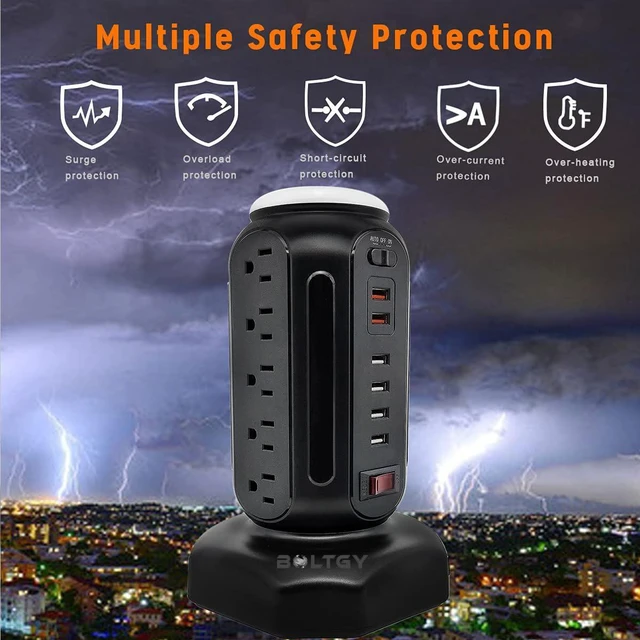 Alt view image 5 of 7 - Flat Plug Total Fast Charging Station, Protector with 15 AC Outlets and 6 USB Ports (2 Fast Charge), Tower Surge Protector Power Strip, 6.5FT Extension Cord for Home Office Dorm Room.