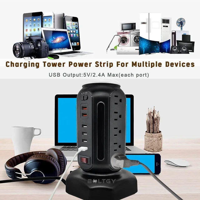 Alt view image 6 of 7 - Flat Plug Total Fast Charging Station, Protector with 15 AC Outlets and 6 USB Ports (2 Fast Charge), Tower Surge Protector Power Strip, 6.5FT Extension Cord for Home Office Dorm Room.
