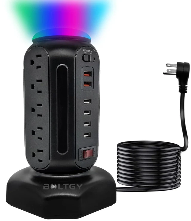 Main image of Flat Plug Total Fast Charging Station, Protector with 15 AC Outlets and 6 USB Ports (2 Fast Charge), Tower Surge Protector Power Strip, 6.5FT Extension Cord for Home Office Dorm Room.