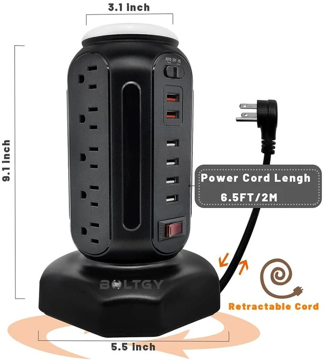 Alt view image 7 of 7 - Flat Plug Total Fast Charging Station, Protector with 15 AC Outlets and 6 USB Ports (2 Fast Charge), Tower Surge Protector Power Strip, 6.5FT Extension Cord for Home Office Dorm Room.
