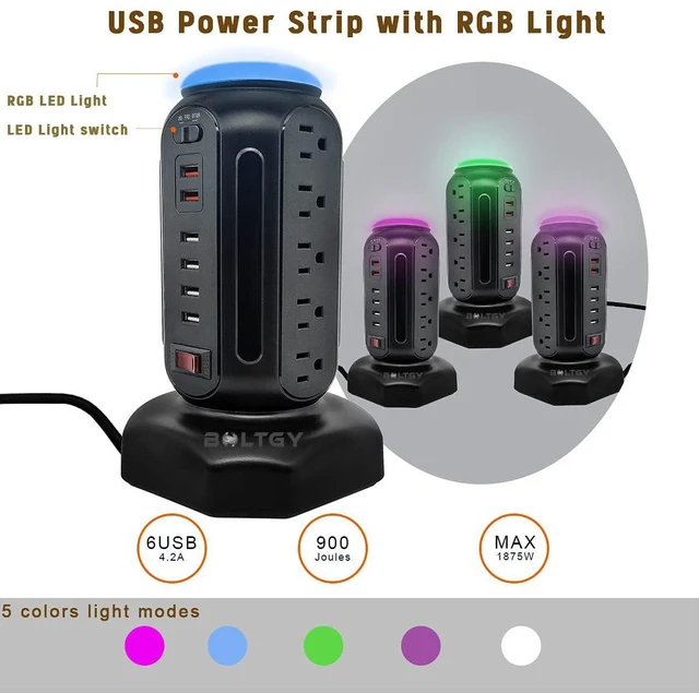 Alt view image 3 of 7 - Flat Plug Total Fast Charging Station, Protector with 15 AC Outlets and 6 USB Ports (2 Fast Charge), Tower Surge Protector Power Strip, 6.5FT Extension Cord for Home Office Dorm Room.