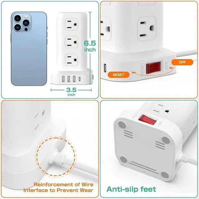 Alt view image 5 of 7 - Tower Surge Protector Power Strip with 12 Outlets 4 USB (1 USB C), 6.5Feet Extension Cord with Multiple Outlets, Charging Station, Power Strip Tower, Office Desk Supplies