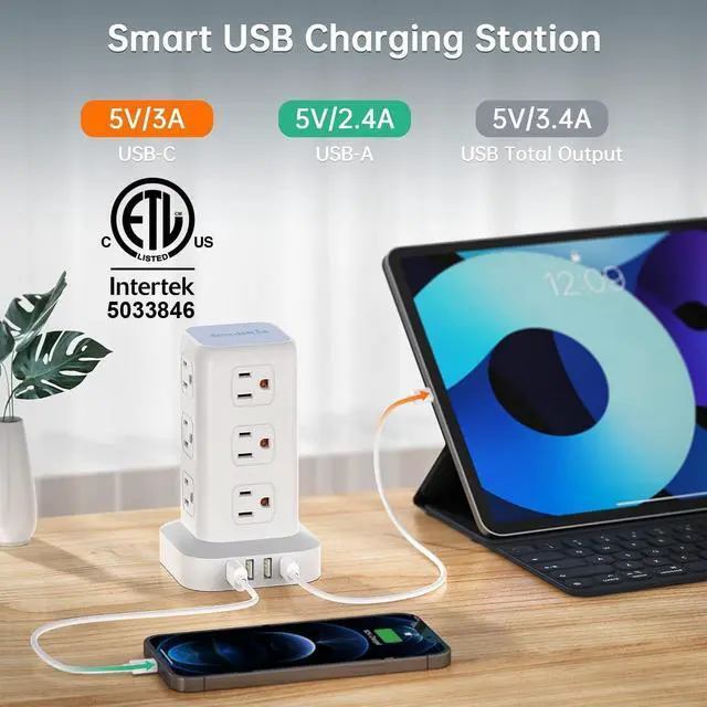 Alt view image 2 of 7 - Tower Surge Protector Power Strip with 12 Outlets 4 USB (1 USB C), 6.5Feet Extension Cord with Multiple Outlets, Charging Station, Power Strip Tower, Office Desk Supplies