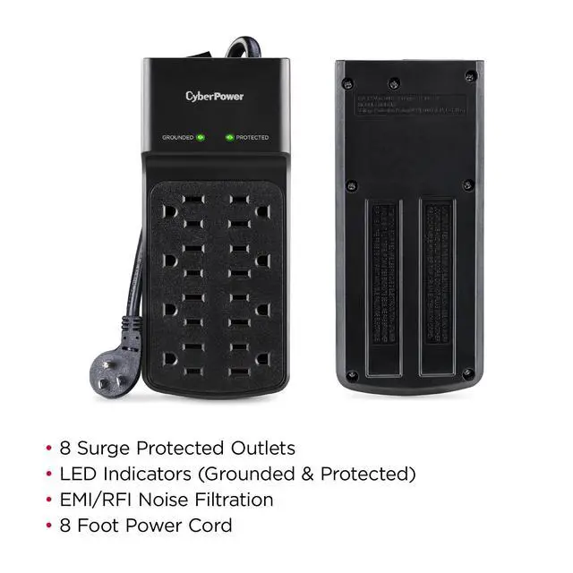 Alt view image 5 of 7 - B808 Essential Surge Protector, 2180J/125V, 8 Outlets, 8 ft Power Cord, LowProfile RightAngle Plug, EMI/RFI Noise Filtration, Automatic Shutdown, Black