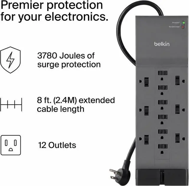 Alt view image 2 of 7 - 12-Outlet Surge Protector Power Strip w/ 12 AC Outlets & 8ft Flat Plug, UL-Listed Heavy-Duty Extension Cord for Home, Office, Travel, Computer, Laptop, Charger - 3,780 Joules of Protection