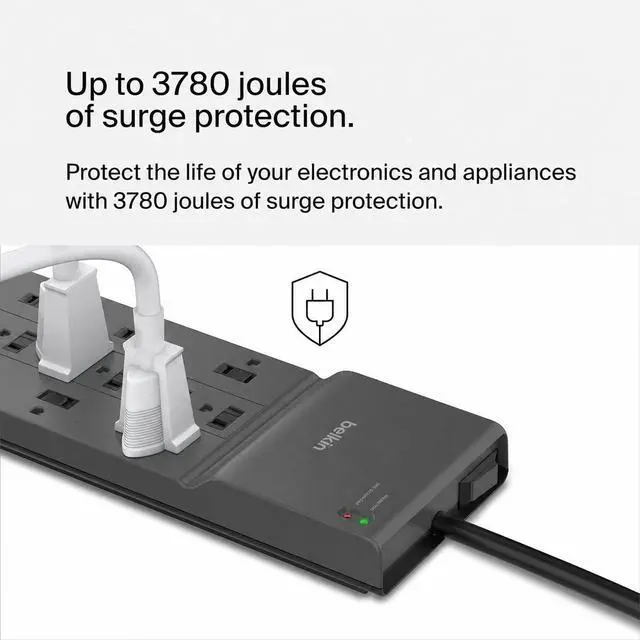 Alt view image 3 of 7 - 12-Outlet Surge Protector Power Strip w/ 12 AC Outlets & 8ft Flat Plug, UL-Listed Heavy-Duty Extension Cord for Home, Office, Travel, Computer, Laptop, Charger - 3,780 Joules of Protection