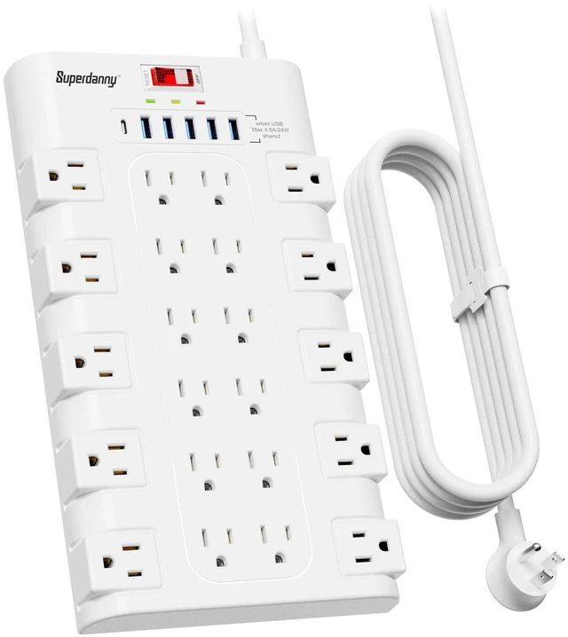 Main image of Power Strip Surge Protector, 22 AC 6 USB, 2100J, 6.5Ft,1875W/15A 5A1C, Heavy Duty Extension Cord with Multiple Outlets, Flat Plug Outlet Extender for Home, Office, Dorm, Gaming Room, White