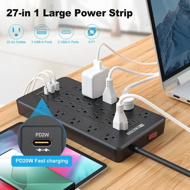 Alt view image 2 of 7 - Power Strip with USB C, Surge Protector Power Strip with 22 Outlet & 3 USB A Ports & 2 USB C Port, 1875W/15A Multiplug with Flat Plug, 6 Ft Extension Cord for Home Office