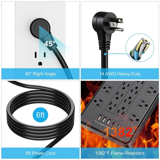 Alt view image 4 of 7 - Power Strip with USB C, Surge Protector Power Strip with 22 Outlet & 3 USB A Ports & 2 USB C Port, 1875W/15A Multiplug with Flat Plug, 6 Ft Extension Cord for Home Office