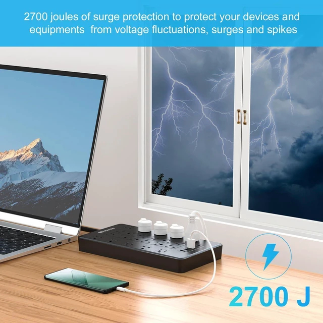 Alt view image 5 of 7 - Power Strip with USB C, Surge Protector Power Strip with 22 Outlet & 3 USB A Ports & 2 USB C Port, 1875W/15A Multiplug with Flat Plug, 6 Ft Extension Cord for Home Office
