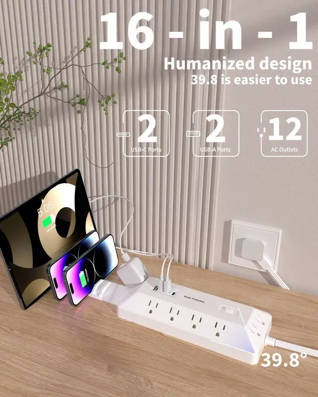 Alt view image 2 of 7 - 16 in 1 Surge Protector Power Strip with 4 USB (2 USB C) and 12 AC Outlets Extender, 6 Ft Flat Plug Extension Cord, Cable Management Outlets for Home Office and Dorm Rooms (White)