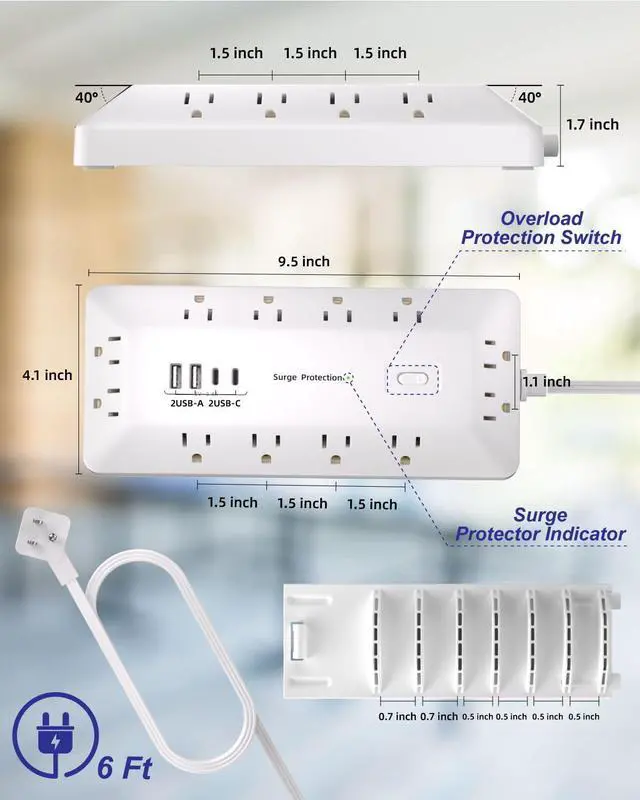 Alt view image 4 of 7 - 16 in 1 Surge Protector Power Strip with 4 USB (2 USB C) and 12 AC Outlets Extender, 6 Ft Flat Plug Extension Cord, Cable Management Outlets for Home Office and Dorm Rooms (White)