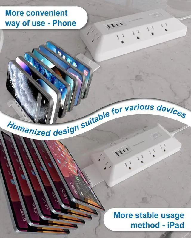 Alt view image 5 of 7 - 16 in 1 Surge Protector Power Strip with 4 USB (2 USB C) and 12 AC Outlets Extender, 6 Ft Flat Plug Extension Cord, Cable Management Outlets for Home Office and Dorm Rooms (White)