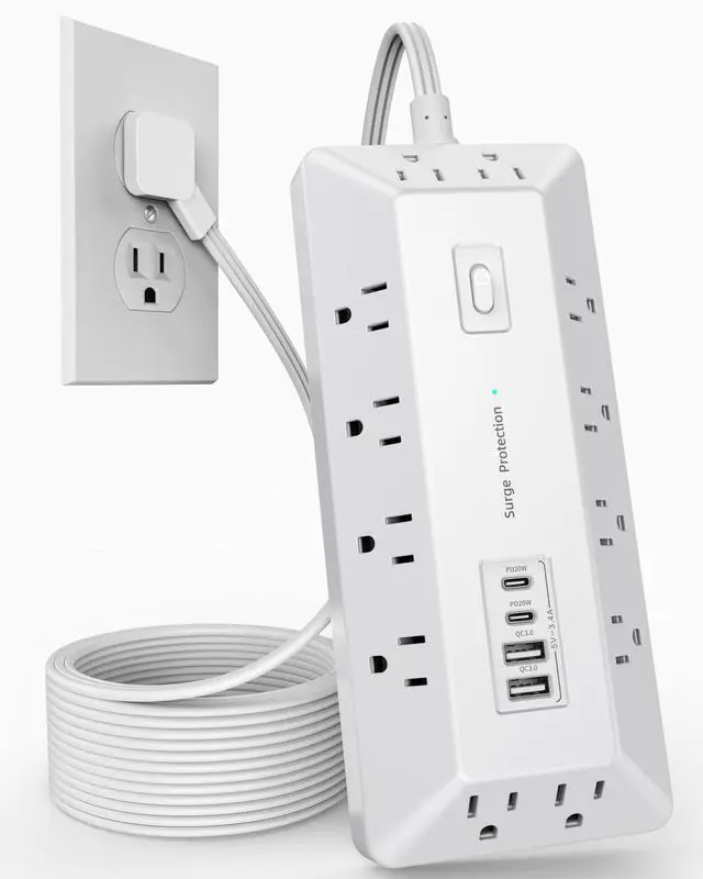 Main image of 16 in 1 Surge Protector Power Strip with 4 USB (2 USB C) and 12 AC Outlets Extender, 6 Ft Flat Plug Extension Cord, Cable Management Outlets for Home Office and Dorm Rooms (White)