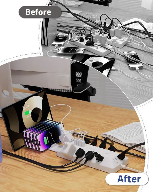 Alt view image 7 of 7 - 16 in 1 Surge Protector Power Strip with 4 USB (2 USB C) and 12 AC Outlets Extender, 6 Ft Flat Plug Extension Cord, Cable Management Outlets for Home Office and Dorm Rooms (White)