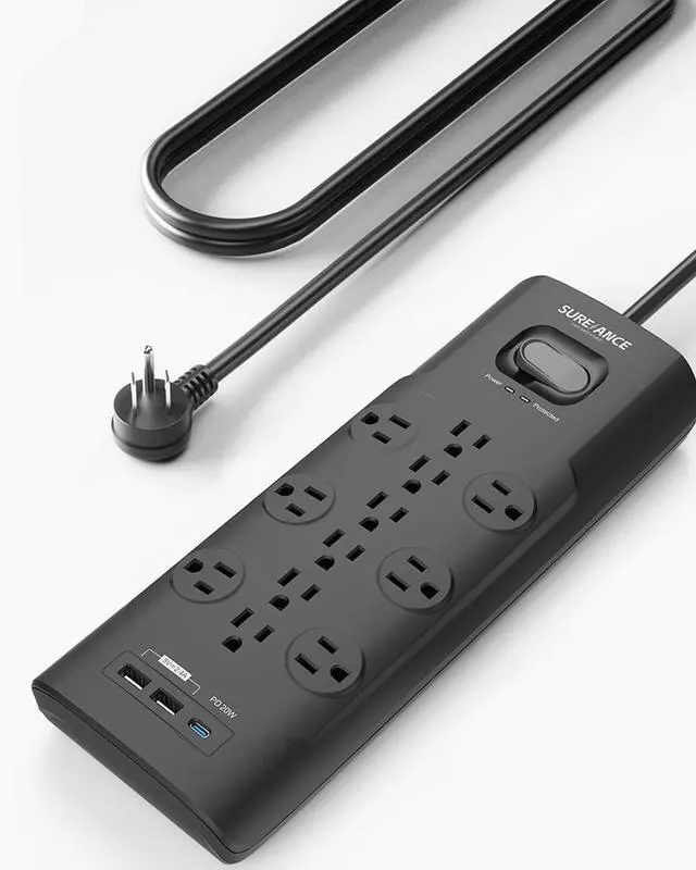 Main image of Surge Protector Power Strip, SUREANCE Surge Protector with 12 Outlets and 4 USB Ports, 20W PD USB-C Fast Charging for Home, Office, 4100 Joules, Flat Plug, 6 Feet Extension Cord, ETL Listed