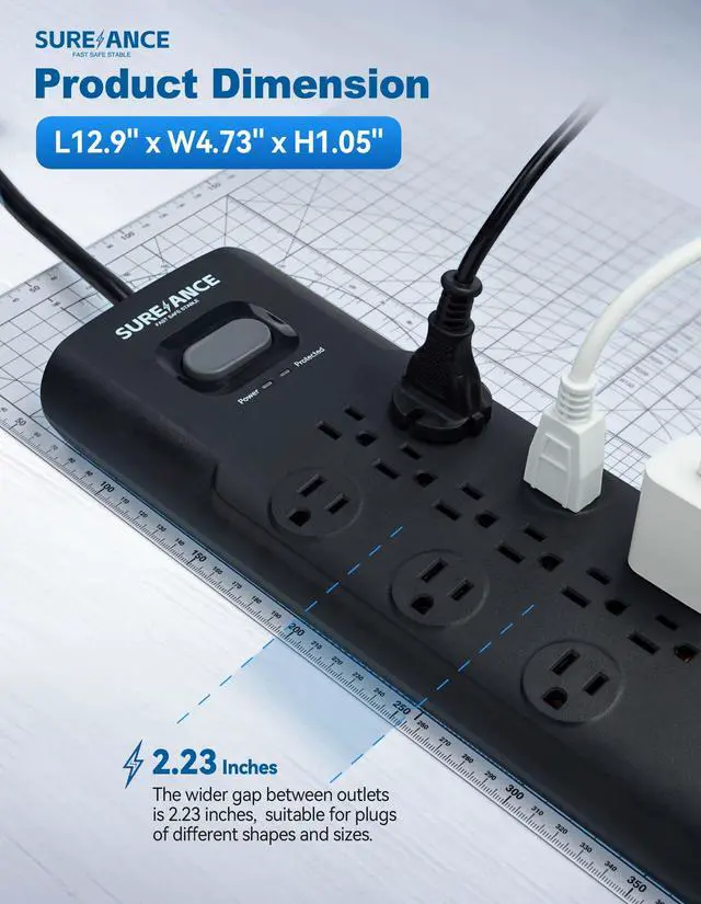 Alt view image 4 of 5 - Surge Protector Power Strip, SUREANCE Surge Protector with 12 Outlets and 4 USB Ports, 20W PD USB-C Fast Charging for Home, Office, 4100 Joules, Flat Plug, 6 Feet Extension Cord, ETL Listed
