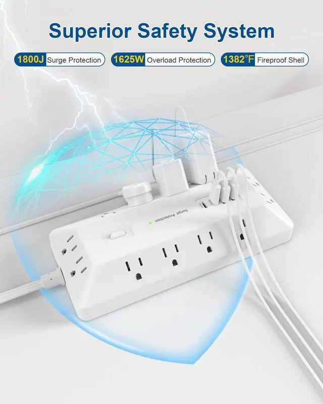 Alt view image 3 of 5 - 6 Ft Surge Protector Power Strip with 1800J, Extension Cord with Multiple Outlets 12AC+4USB(2USB-C Port for 20W), Flat Plug Outlet Extender with 1625W/13A for Laptop, Desk, Home Office Dorm