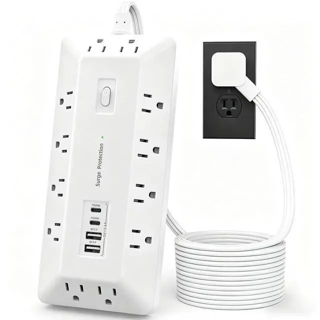 Main image of 6 Ft Surge Protector Power Strip with 1800J, Extension Cord with Multiple Outlets 12AC+4USB(2USB-C Port for 20W), Flat Plug Outlet Extender with 1625W/13A for Laptop, Desk, Home Office Dorm