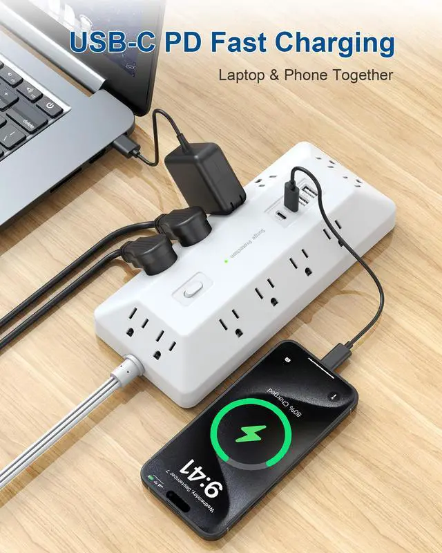 Alt view image 2 of 5 - 6 Ft Surge Protector Power Strip with 1800J, Extension Cord with Multiple Outlets 12AC+4USB(2USB-C Port for 20W), Flat Plug Outlet Extender with 1625W/13A for Laptop, Desk, Home Office Dorm