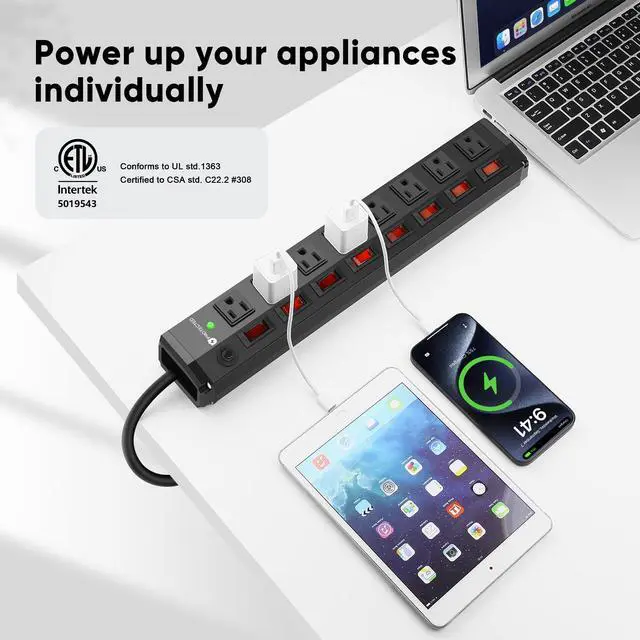 Alt view image 2 of 7 - 8 Outlet Heavy Duty Power Strip with 8 Individual Switches,Moutable Metal Power Strip Surge Protector 1200 Joules,6FT 14AWG Extension Cord,15A 1800W 125V 60Hz