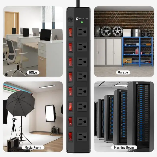 Alt view image 6 of 7 - 8 Outlet Heavy Duty Power Strip with 8 Individual Switches,Moutable Metal Power Strip Surge Protector 1200 Joules,6FT 14AWG Extension Cord,15A 1800W 125V 60Hz