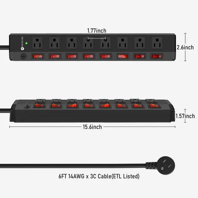 Alt view image 7 of 7 - 8 Outlet Heavy Duty Power Strip with 8 Individual Switches,Moutable Metal Power Strip Surge Protector 1200 Joules,6FT 14AWG Extension Cord,15A 1800W 125V 60Hz