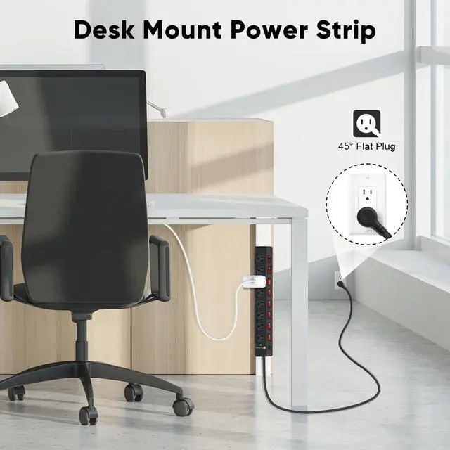 Alt view image 3 of 7 - 8 Outlet Heavy Duty Power Strip with 8 Individual Switches,Moutable Metal Power Strip Surge Protector 1200 Joules,6FT 14AWG Extension Cord,15A 1800W 125V 60Hz