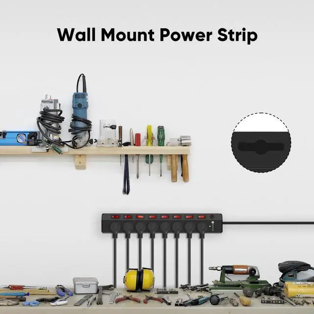 Alt view image 5 of 7 - 8 Outlet Heavy Duty Power Strip with 8 Individual Switches,Moutable Metal Power Strip Surge Protector 1200 Joules,6FT 14AWG Extension Cord,15A 1800W 125V 60Hz