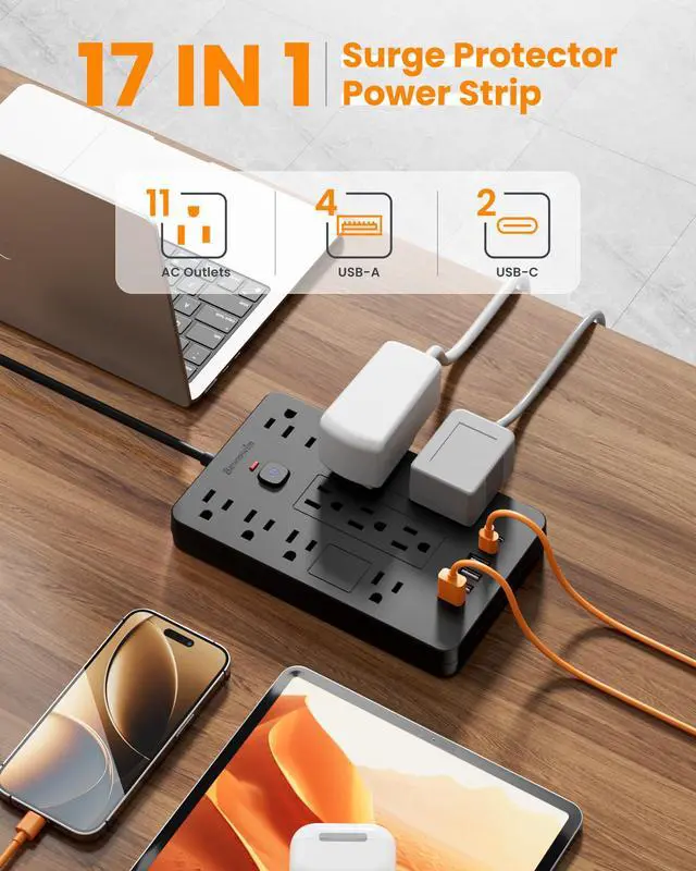 Alt view image 2 of 7 - Surge Protector Power Strip - 11 Outlets(1850W/15A/14AWG) with 6 USB Ports(2 USB C), 6FT Flat Plug Extension Cord, Wall Mount, Black, ETL Listed for Home, Dorm Room