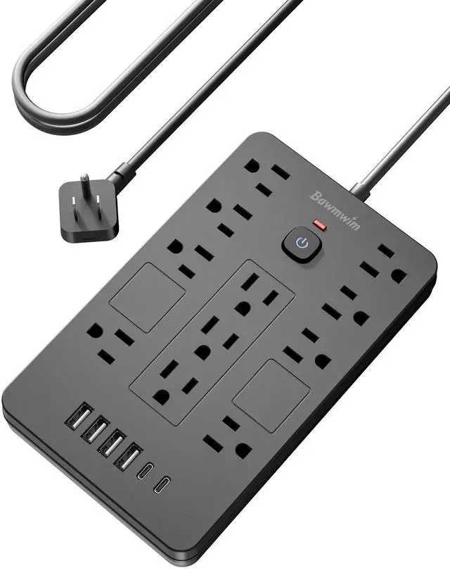 Main image of Surge Protector Power Strip - 11 Outlets(1850W/15A/14AWG) with 6 USB Ports(2 USB C), 6FT Flat Plug Extension Cord, Wall Mount, Black, ETL Listed for Home, Dorm Room