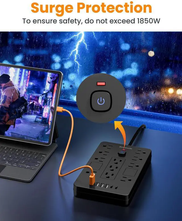 Alt view image 6 of 7 - Surge Protector Power Strip - 11 Outlets(1850W/15A/14AWG) with 6 USB Ports(2 USB C), 6FT Flat Plug Extension Cord, Wall Mount, Black, ETL Listed for Home, Dorm Room