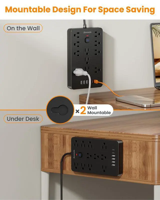 Alt view image 4 of 7 - Surge Protector Power Strip - 11 Outlets(1850W/15A/14AWG) with 6 USB Ports(2 USB C), 6FT Flat Plug Extension Cord, Wall Mount, Black, ETL Listed for Home, Dorm Room