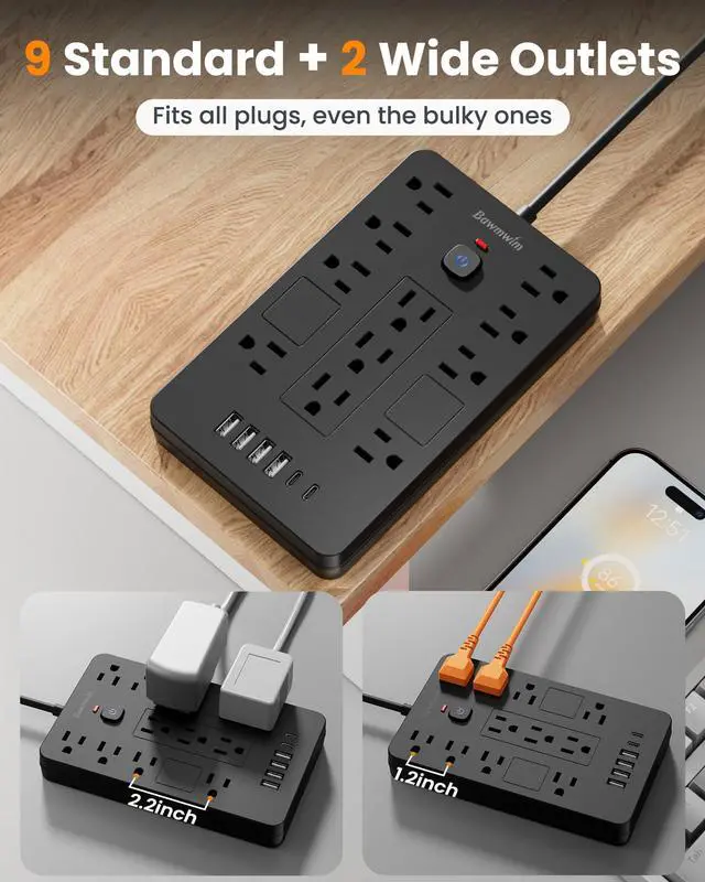 Alt view image 3 of 7 - Surge Protector Power Strip - 11 Outlets(1850W/15A/14AWG) with 6 USB Ports(2 USB C), 6FT Flat Plug Extension Cord, Wall Mount, Black, ETL Listed for Home, Dorm Room